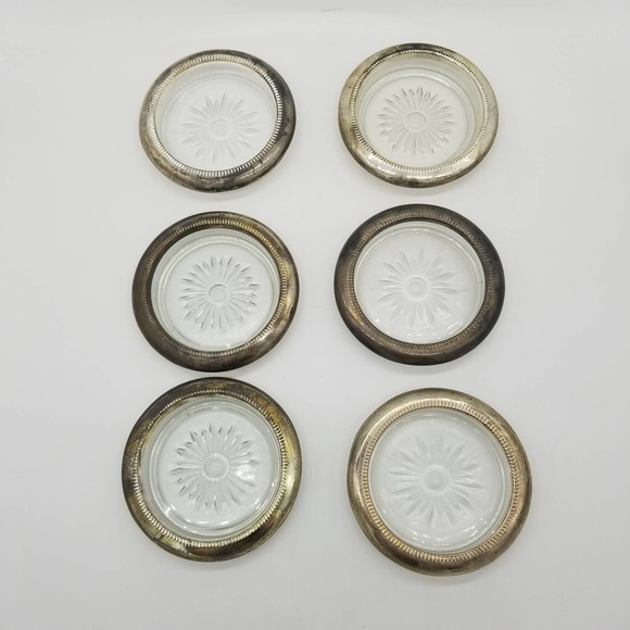 Vintage Silver Plated Rim Glass Coasters Pressed ITALY Barware Set of 6